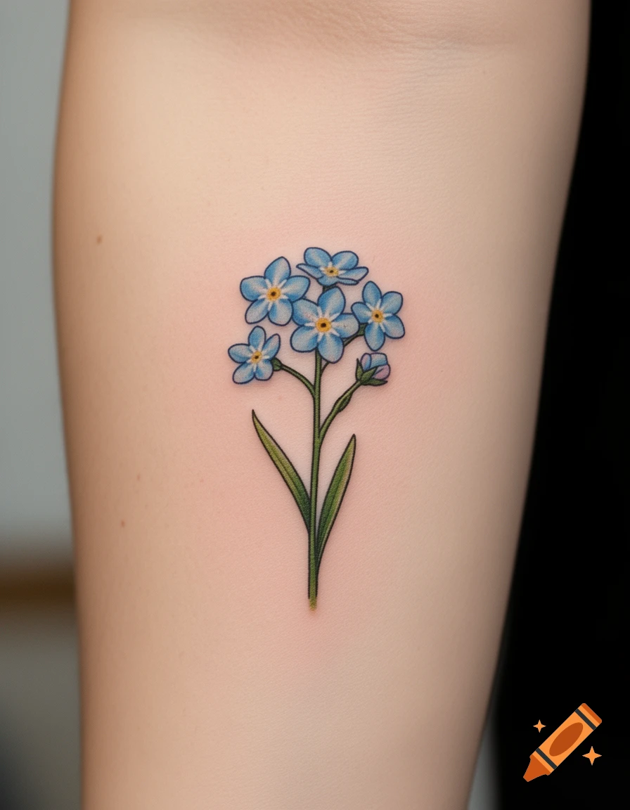 A fine line color tattoo of a forget-me-not flower on a forearm.