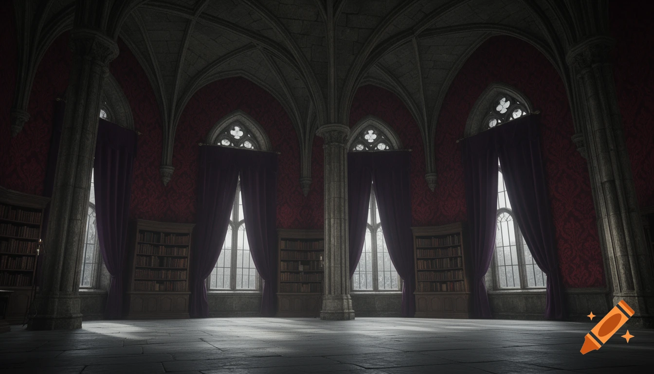 An empty gothic castle library with dark red damask wallpaper, stone arches, dark purple curtains, and tall windows.