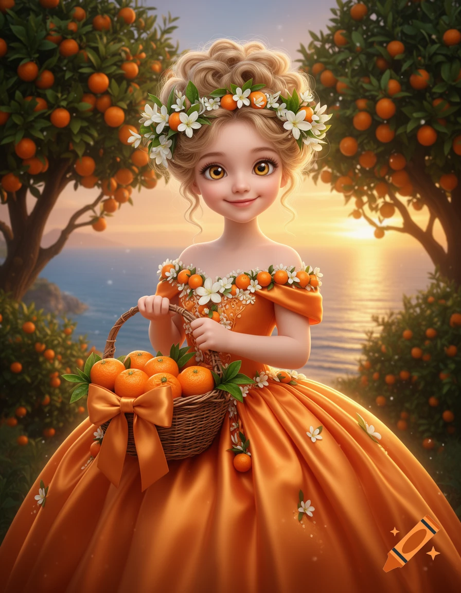 A cute doll-like girl in an orange ballgown holds a basket of mandarins in a fairytale orange grove at sunset, digital illustration.