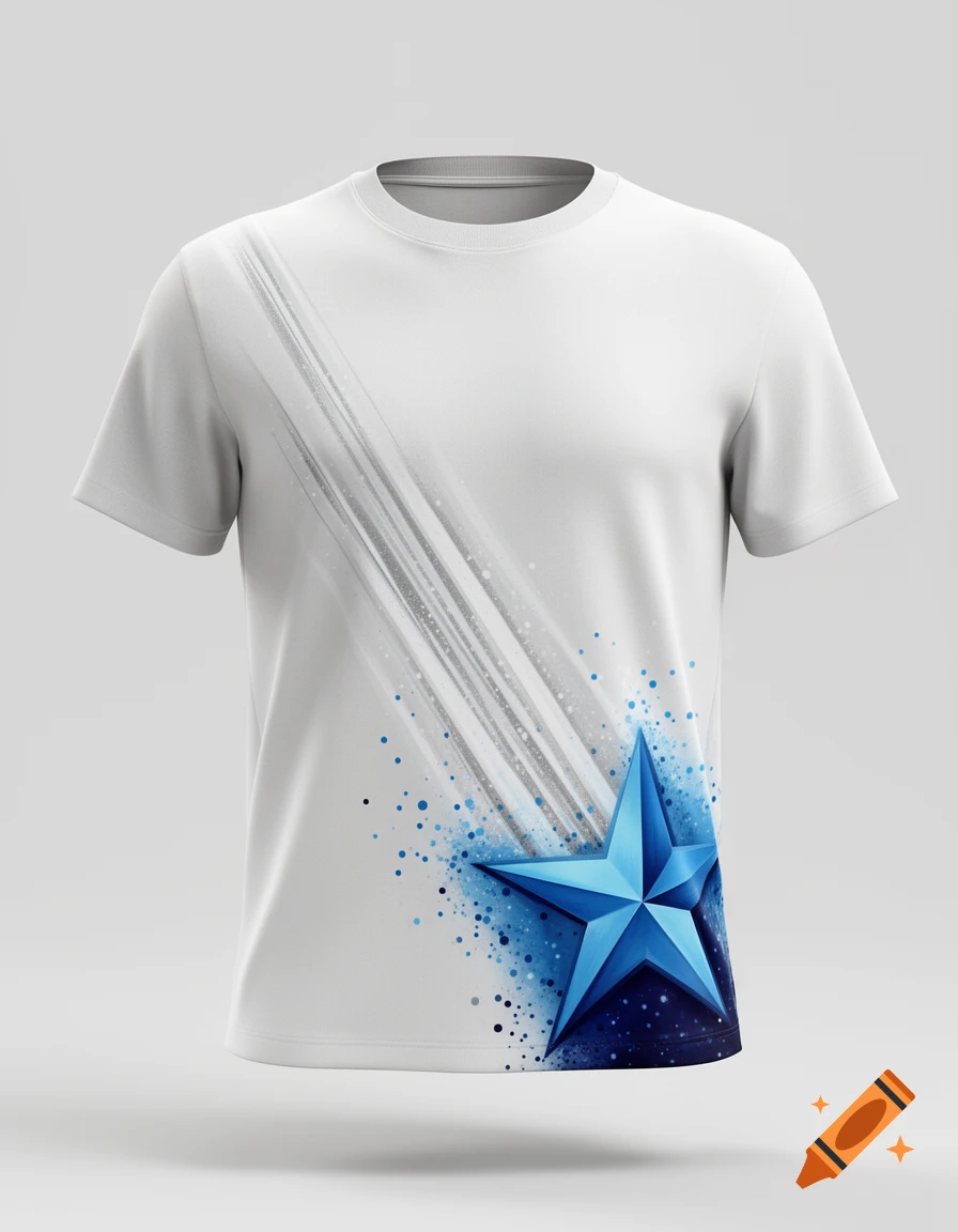 A white t-shirt with a blue star design emerging from the bottom right, surrounded by blue speckles and grey streaks.