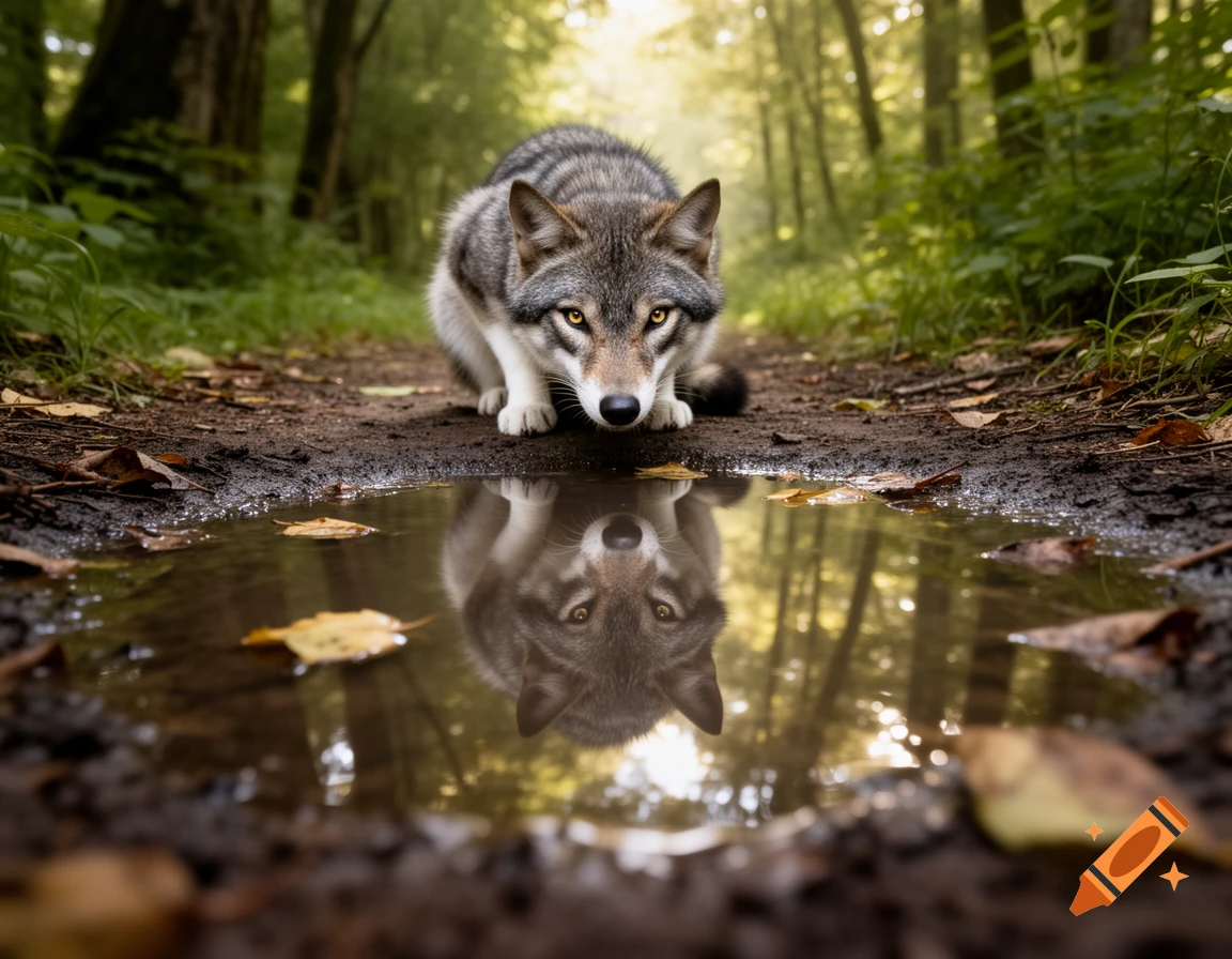 A photorealistic wolf crouches by a muddy puddle, its reflection visible in a sunlit forest.