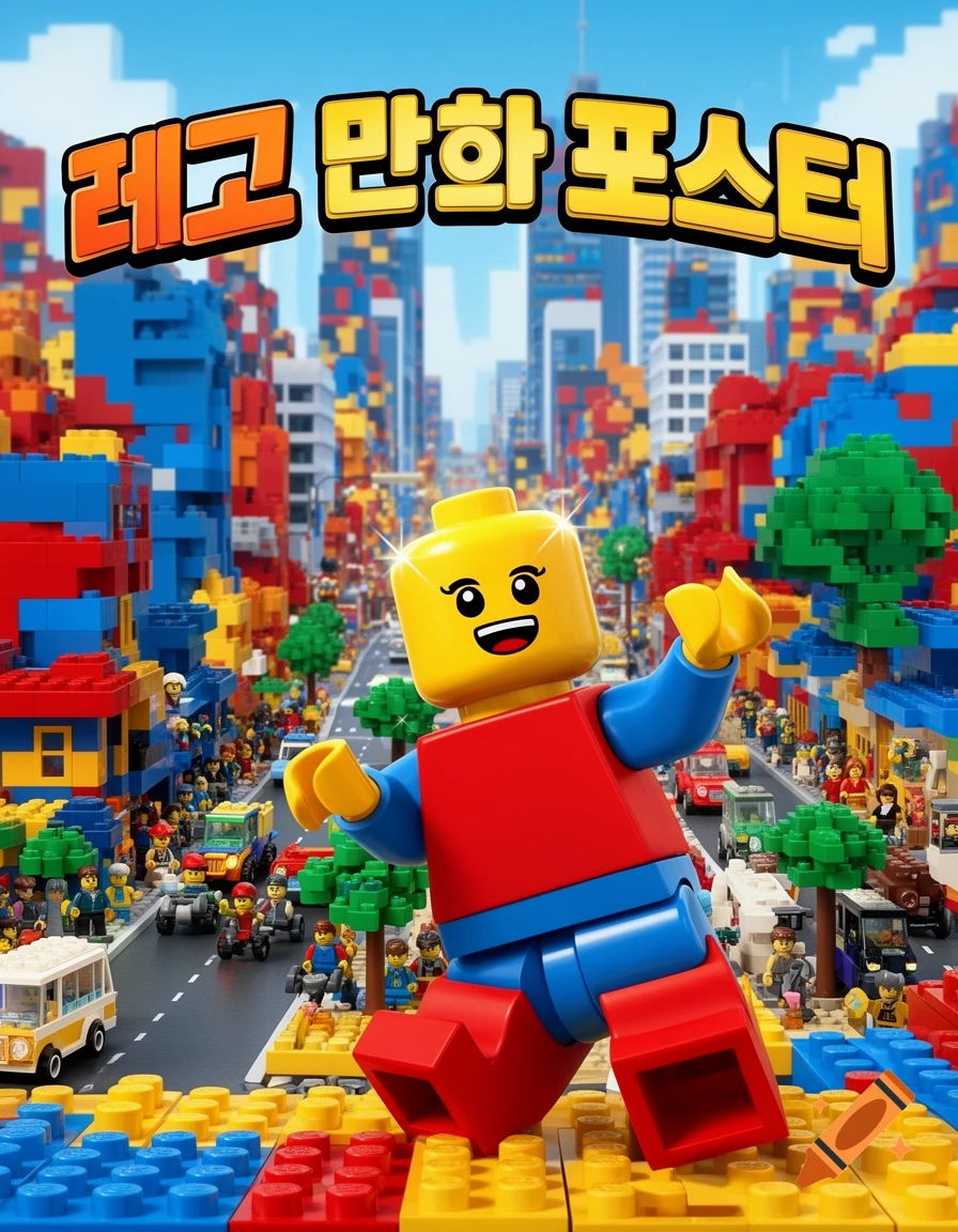 A giant yellow Lego minifigure runs through a vibrant, colorful Lego city with smaller figures and buildings. Text 'Lego Cartoon Poster'.