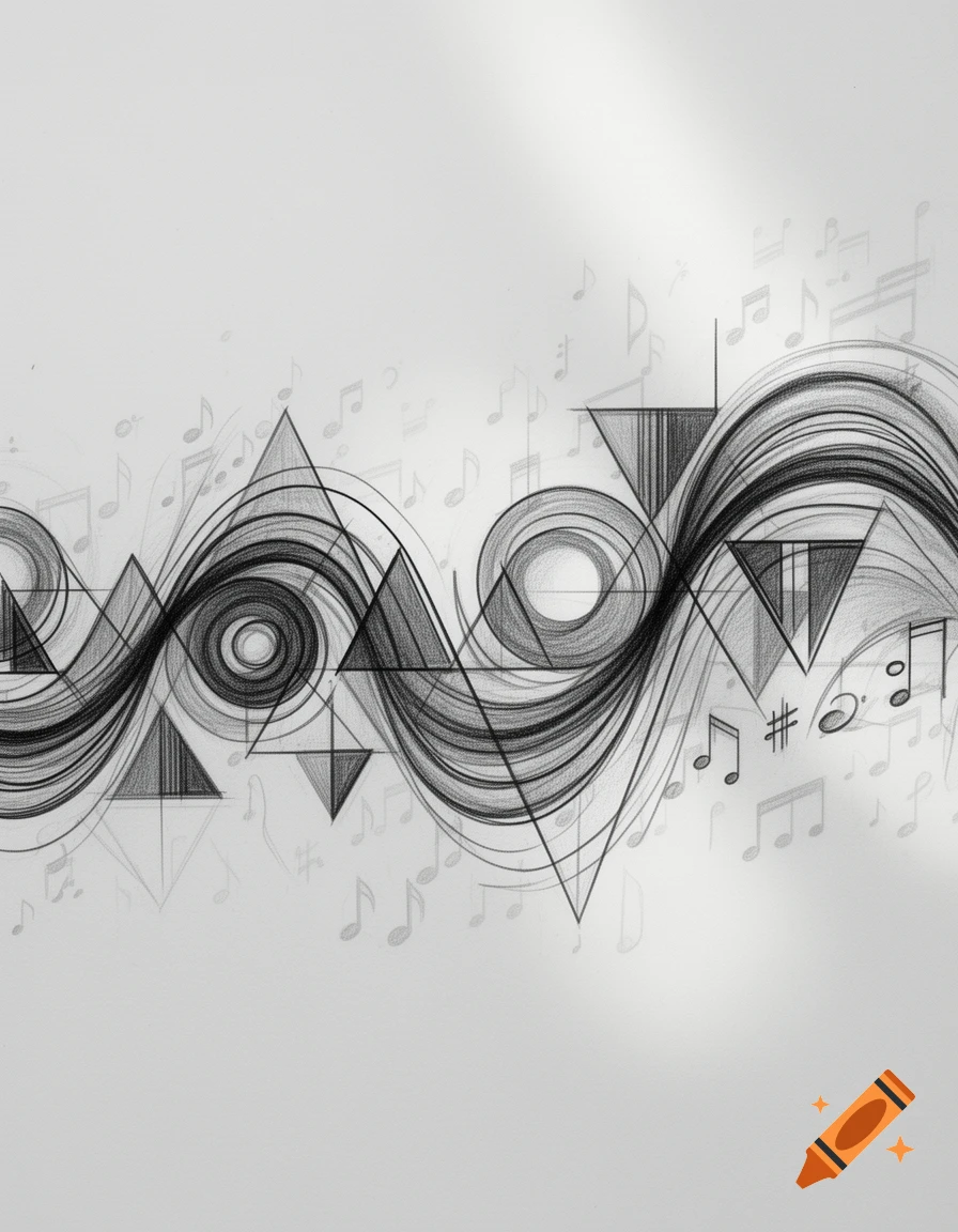 Black and white pencil sketch of abstract geometric shapes and flowing lines interwoven with musical notes.