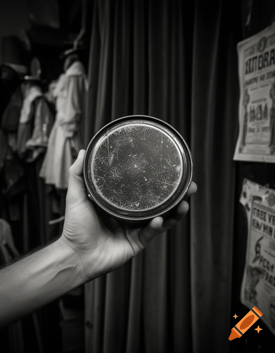 Black and white photo of a hand holding a scratched metal tin in a theater backstage setting.