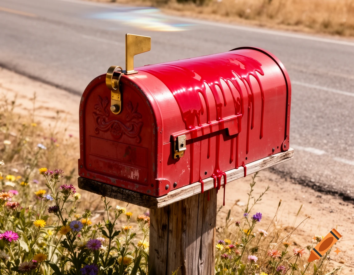 A vintage red mailbox on a wooden post appears to be melting, with red liquid dripping down its sides, set on a sunny roadside with wildflowers.