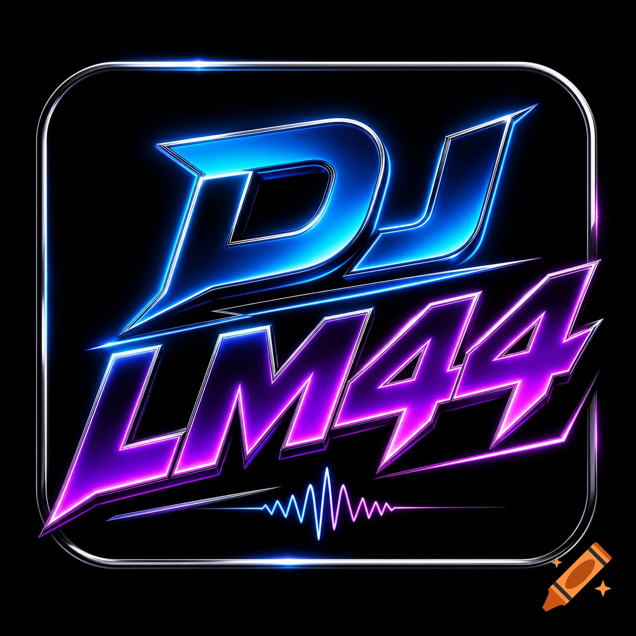 Neon logo for DJ LM44, featuring blue 'DJ' and purple 'LM44' text with a sound wave, set in a glowing metallic rounded square.