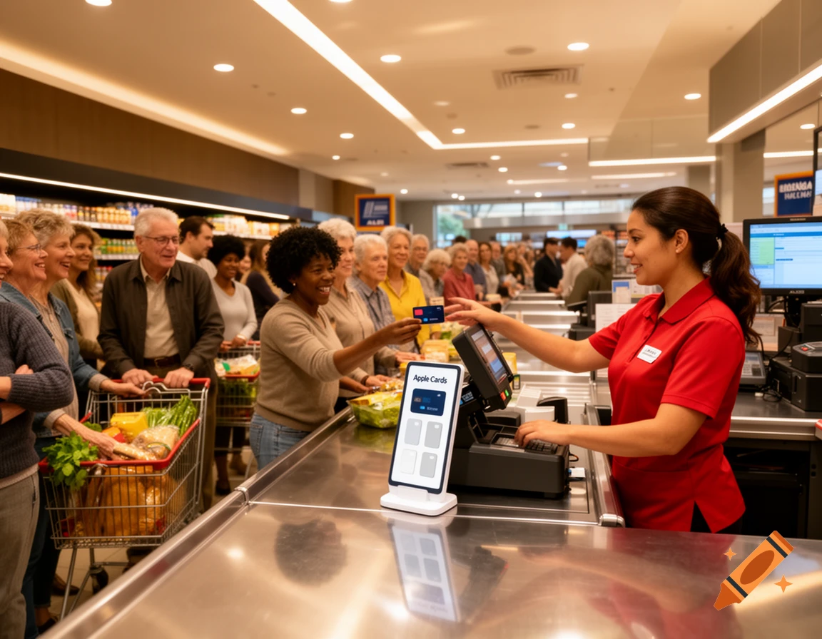A busy supermarket checkout line with a smiling cashier in a red shirt interacting with a customer holding a credit card. An "Apple Cards" stand is on the counter.