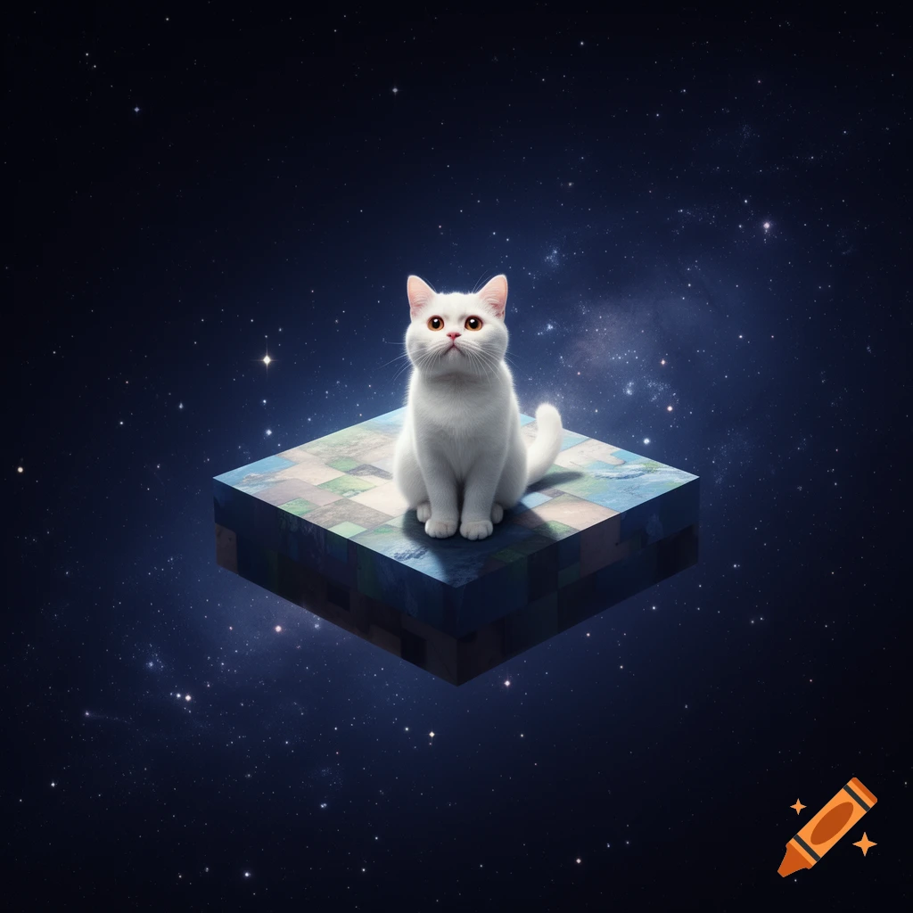 A white cat sits on a blocky, pixelated planet floating in a dark, star-filled space. Photorealistic style.
