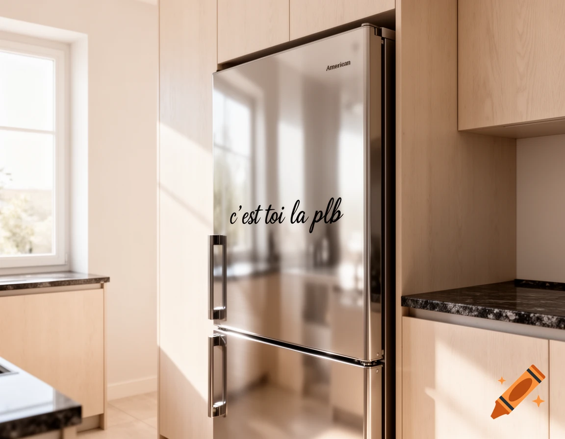 A modern kitchen with light wood cabinets and a stainless steel refrigerator that has the text 'c'est toi la plb' written on it.