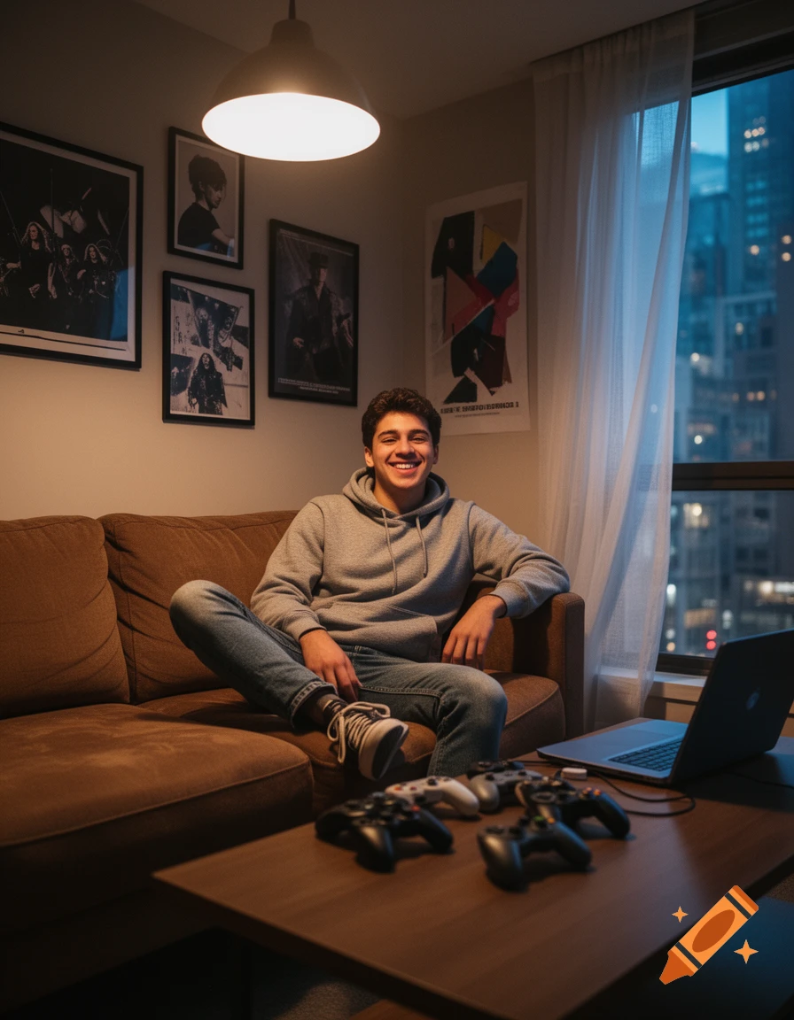 A young man smiles while sitting on a brown couch in a dimly lit room with game controllers and a laptop on a table.