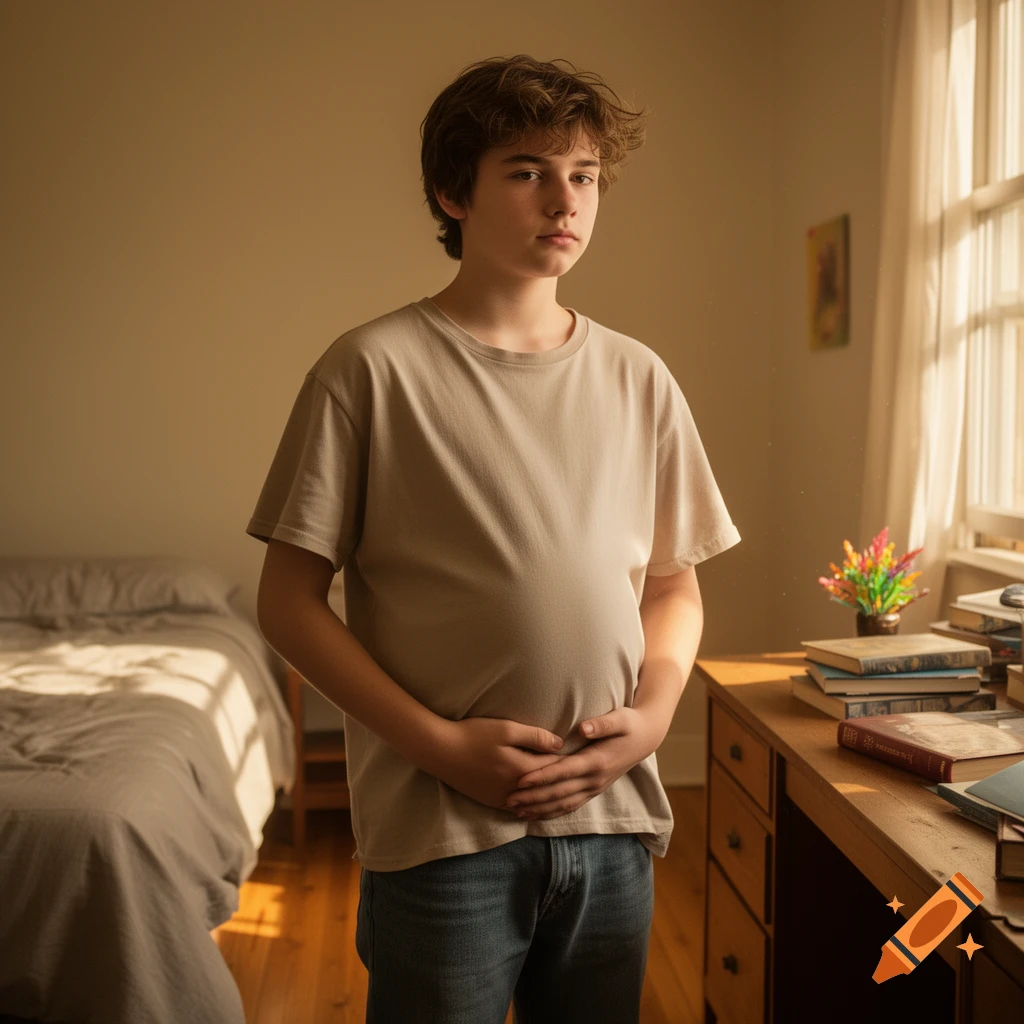 Photorealistic image of a young teenage boy standing in a sunlit bedroom, holding his distended stomach.