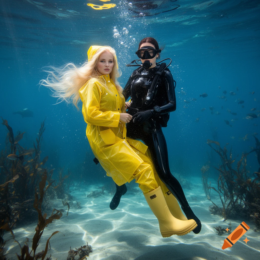 Two women underwater, one in a yellow raincoat and boots, the other in black scuba gear, surrounded by fish and kelp.