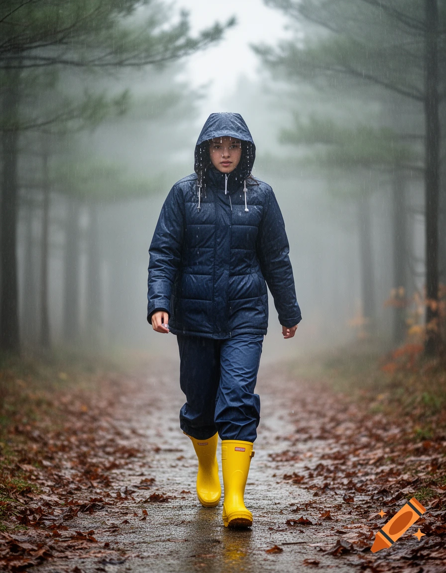 A young woman in a blue rain jacket and yellow wellies walks on a leaf-covered path in a foggy forest during a rain shower.