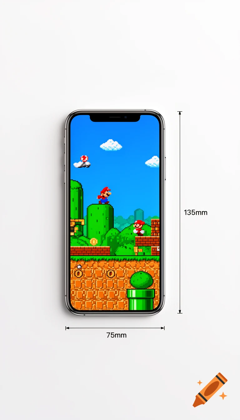 A silver iPhone displays a pixel art Super Mario Bros. game level, with "135mm" and "75mm" dimensions marked on a white background.