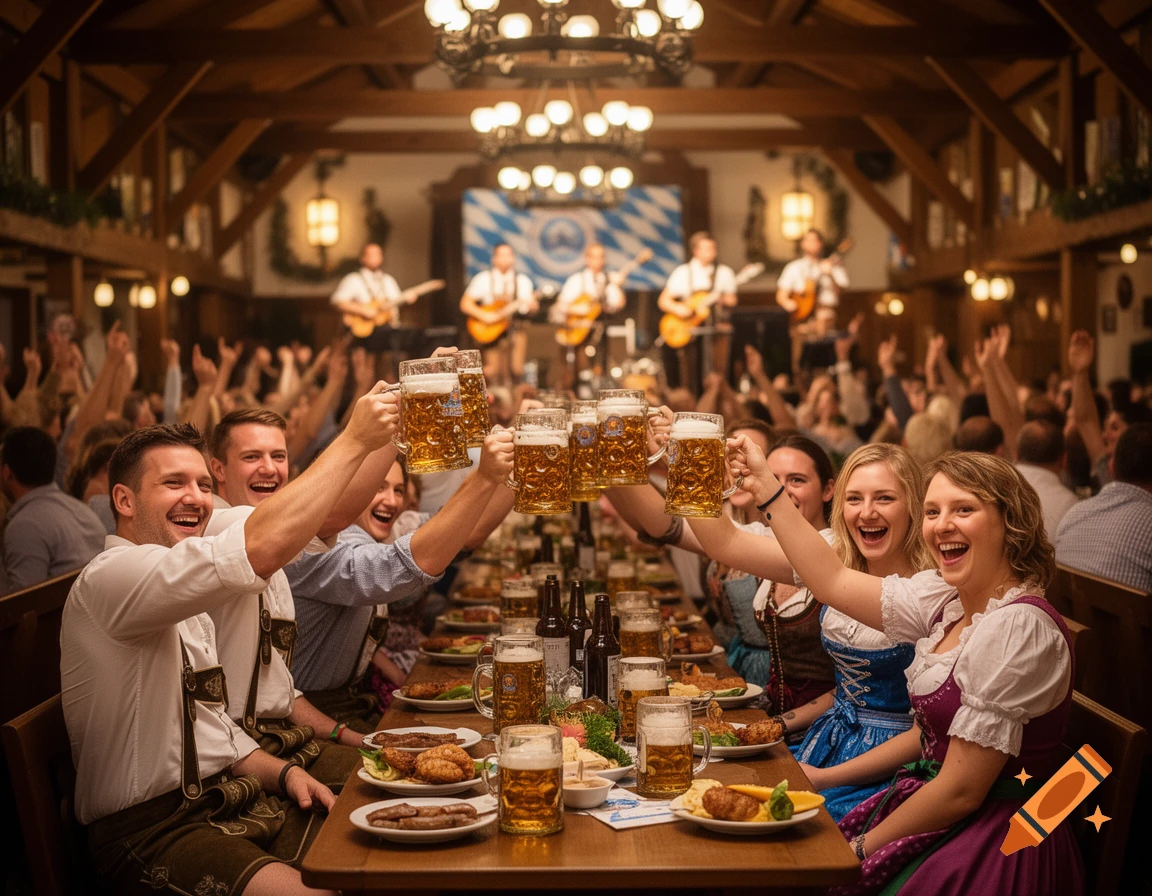 A group of people in traditional attire at long wooden tables cheer with steins of beer in a festive hall with a band playing.