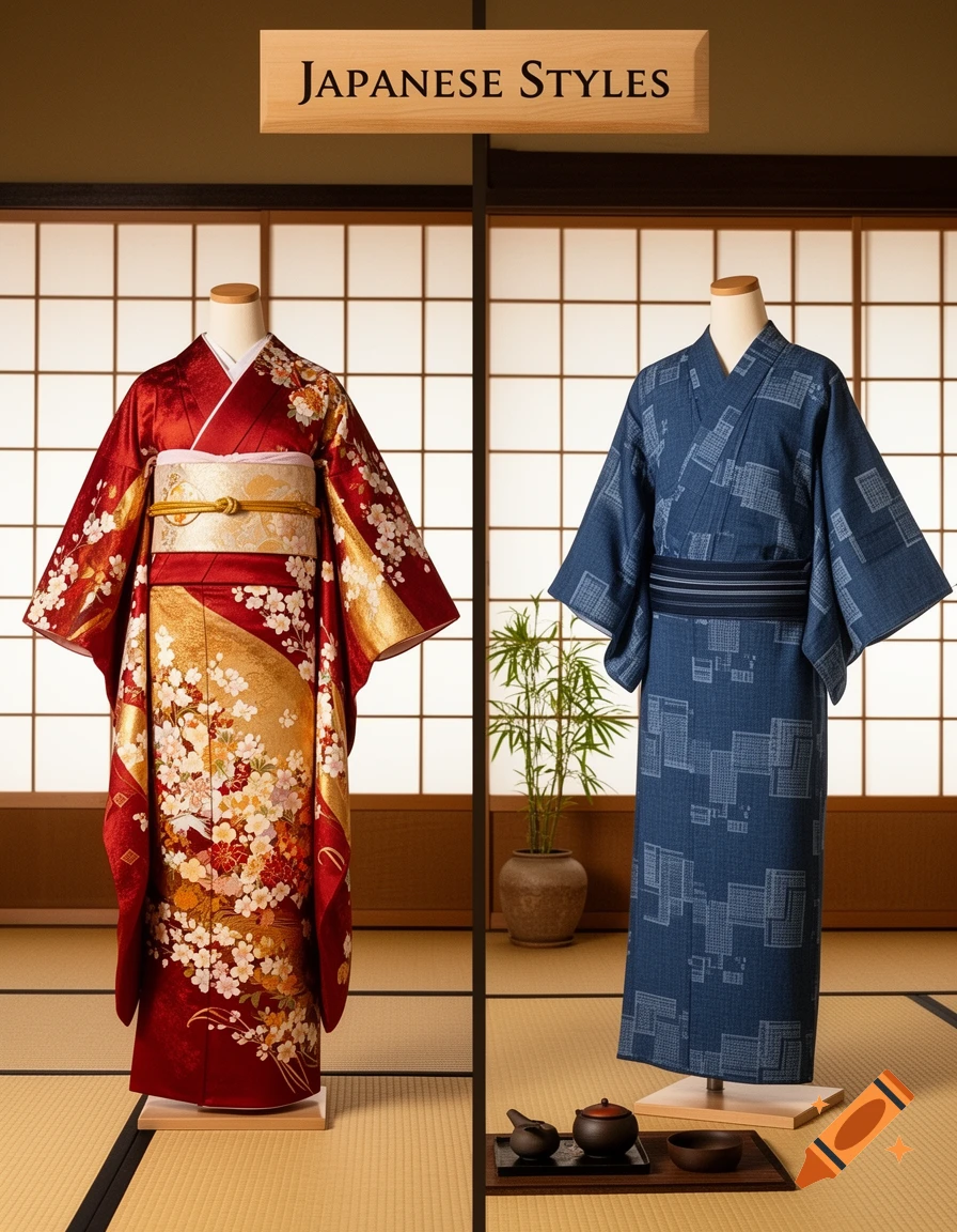 A red floral kimono and a blue patterned yukata displayed on mannequins in a traditional Japanese room under a sign 'Japanese STYLES'.