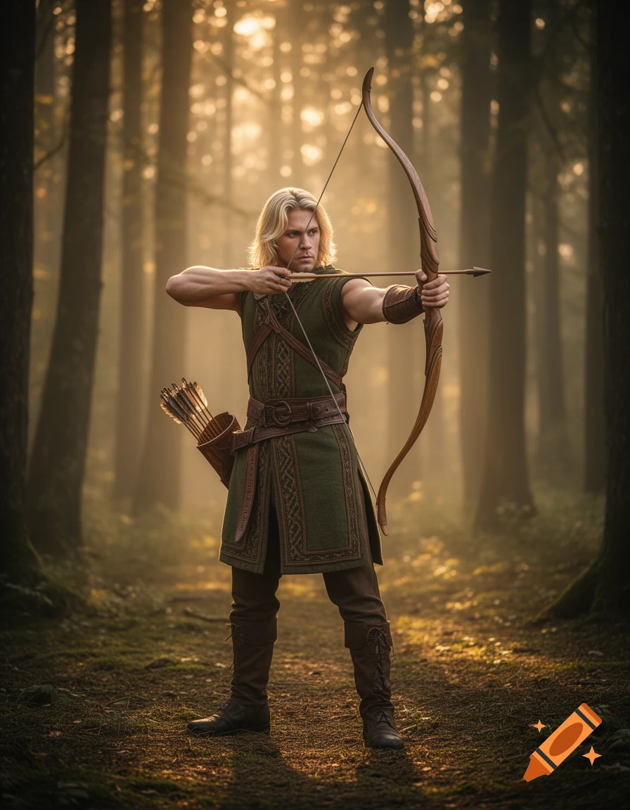 Blonde male archer in a green tunic and boots, drawing a bow and arrow in a sun-drenched, misty forest. Photorealistic.