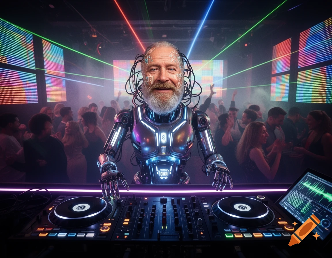 A bearded man's head on a glowing robot body DJs at turntables in a neon-lit nightclub with laser beams and a dancing crowd.