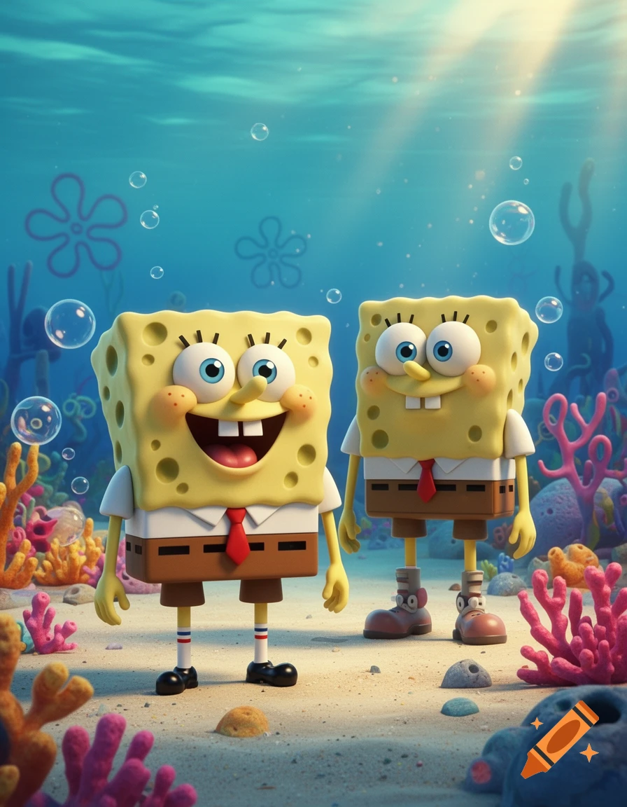 Two 3D animated SpongeBob SquarePants characters standing on the sandy seafloor among colorful coral, with bubbles and light rays above.