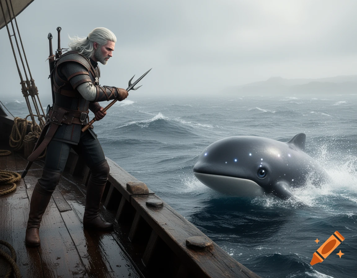 Geralt of Rivia, on a wooden boat, holds a trident facing a glowing, cute whale in a stormy ocean.