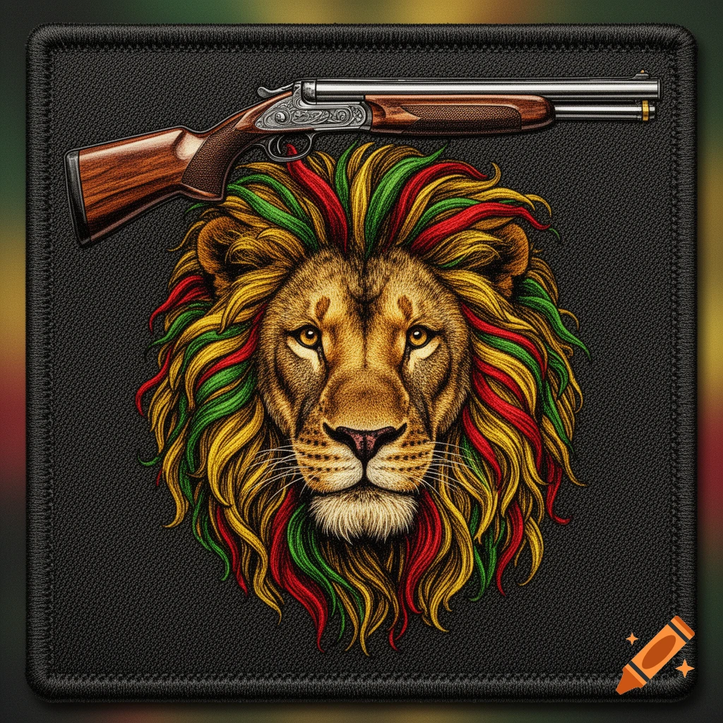 Stylized patch featuring a lion's head with a red, green, and yellow Rasta-colored mane, with an over-under shotgun positioned above it.