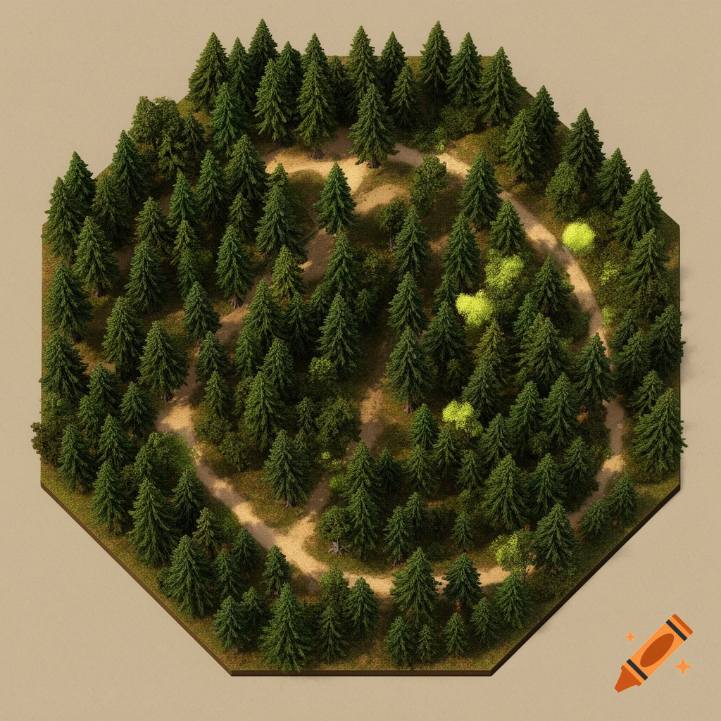 A top-down isometric view of a miniature board game hex tile featuring a dense pine forest with dirt paths winding through it, on a beige background.