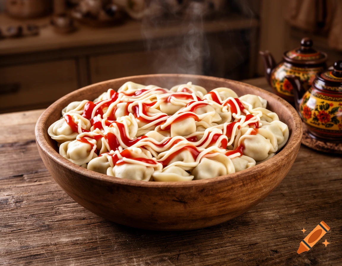 Steaming bowl of pelmeni topped with ketchup and white sauce on a rustic wooden table with decorative teapots.