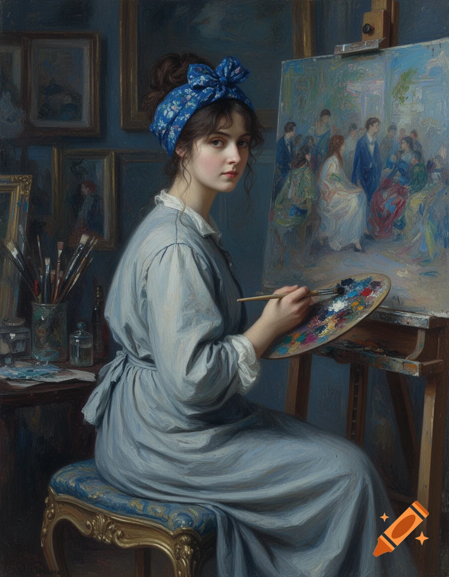 Oil painting of a young woman artist in a blue dress and headscarf, holding a palette and brush, painting at an easel in her studio.
