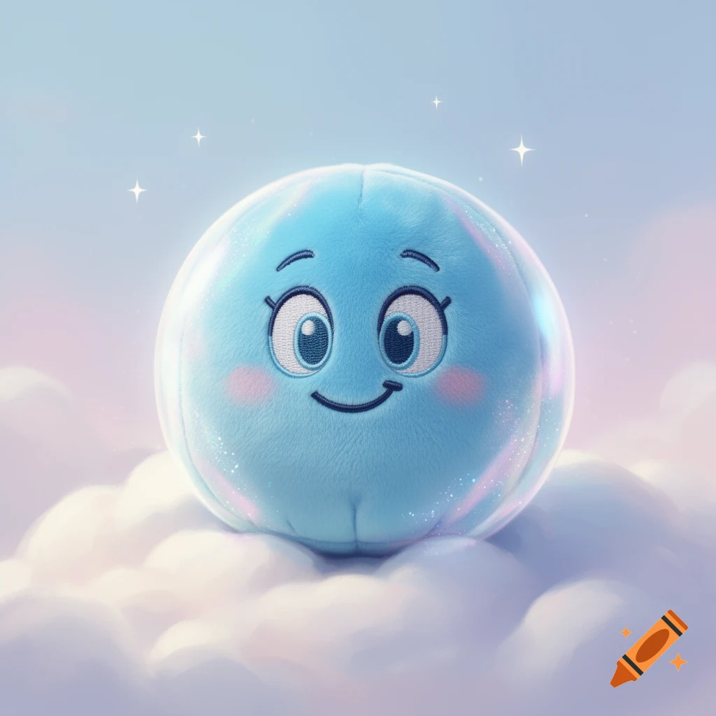 A cute, blue, spherical plush toy with an embroidered happy face sits on soft clouds under a pastel sky with sparkling stars.