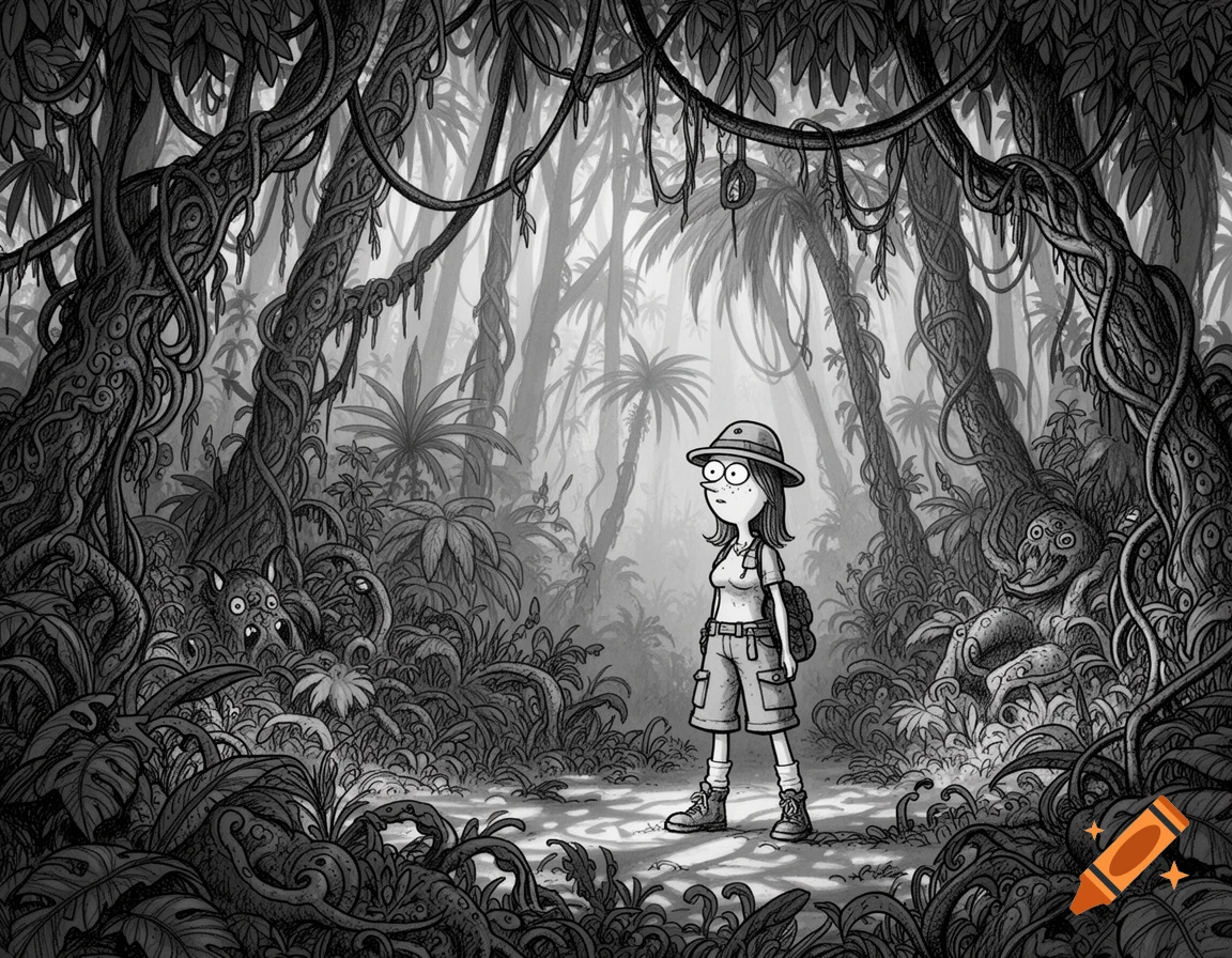 Grayscale cartoon of a female explorer with a backpack in a dense, detailed jungle.