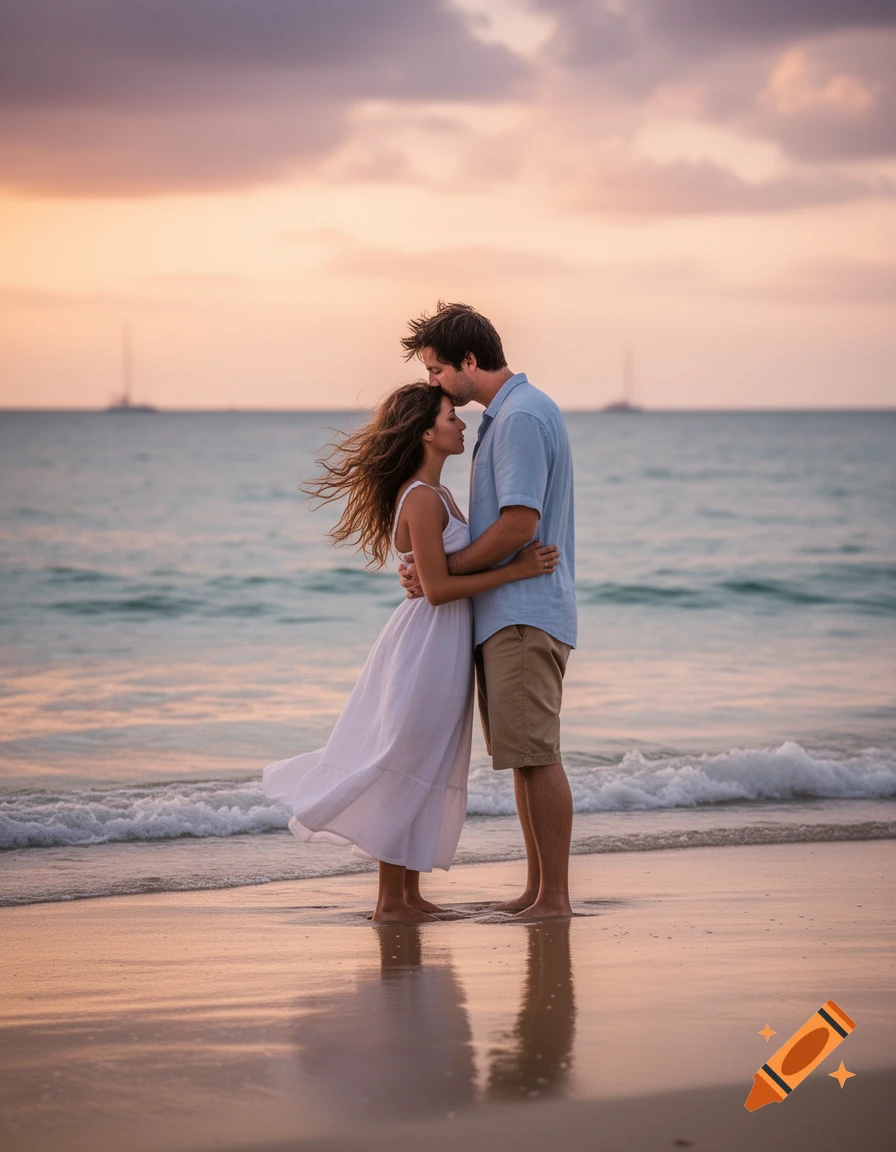 A man kisses a woman on the forehead on a beach at sunset, with gentle waves and distant sailboats.