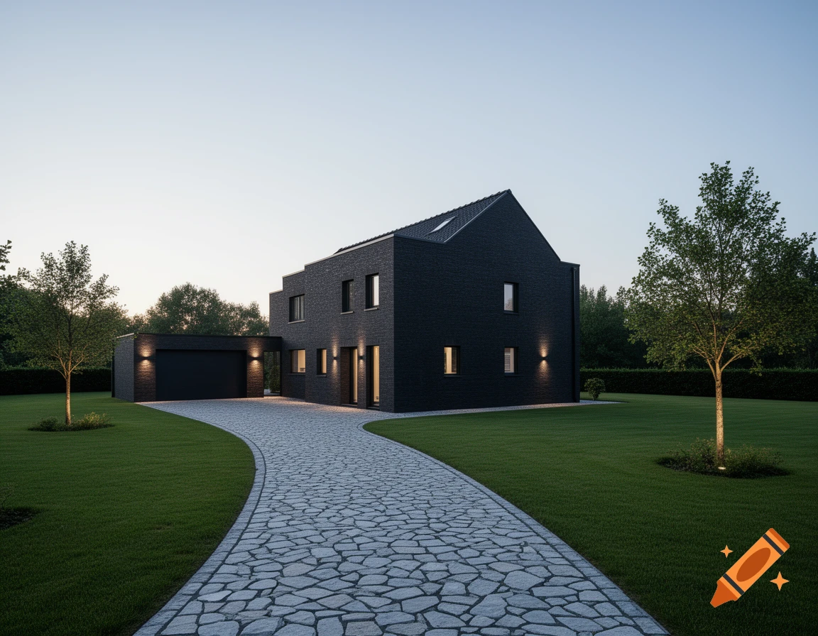 A modern dark brick house with a stone driveway leading to a detached garage, surrounded by a green lawn and trees under a clear sky.