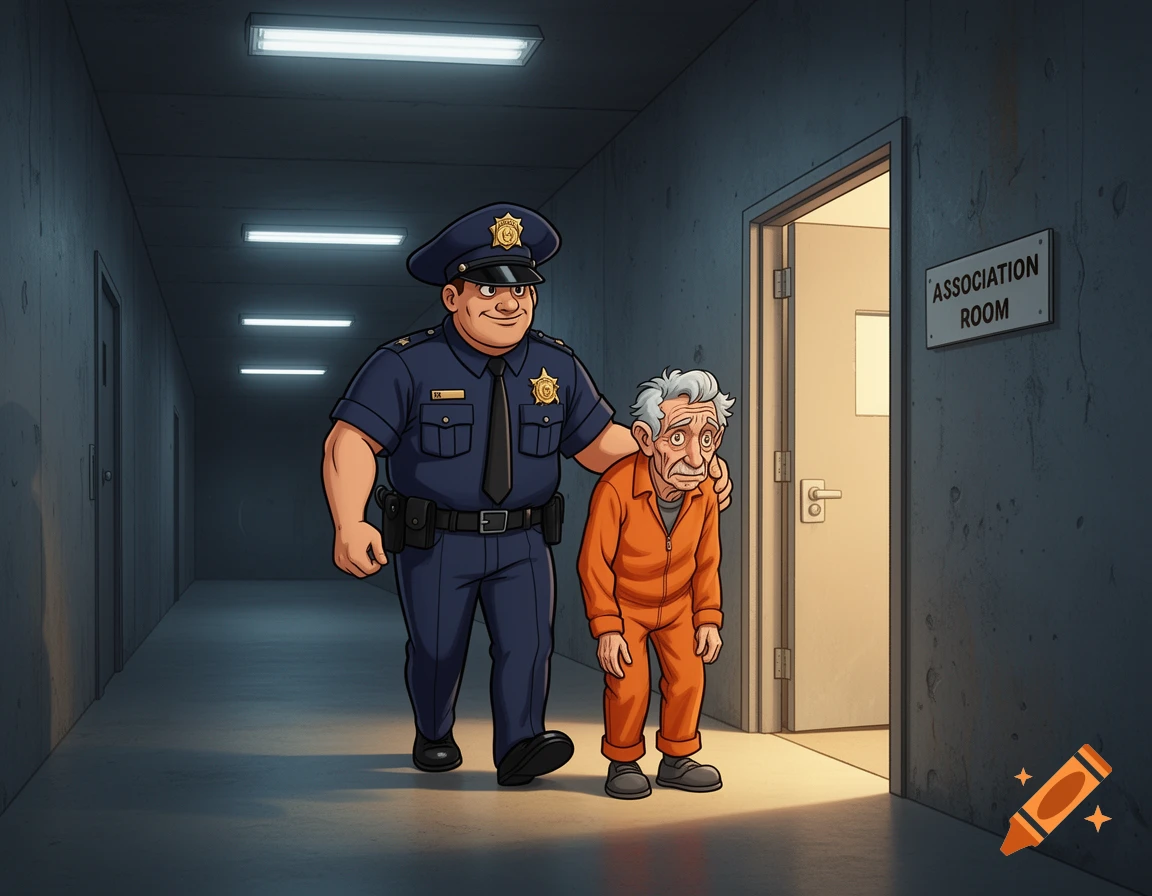 A cartoon police officer escorts an elderly prisoner in an orange jumpsuit down a dark prison hallway toward an "ASSOCIATION ROOM".