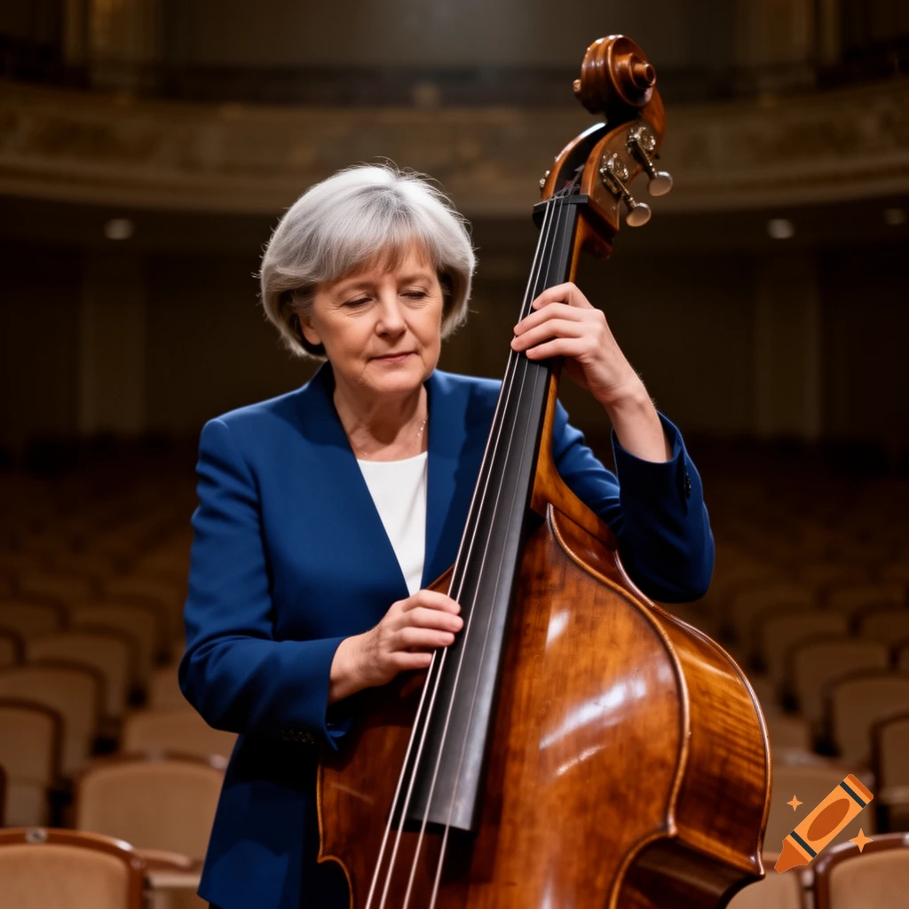 A woman resembling Angela Merkel plays a double bass on a stage in an empty concert hall.