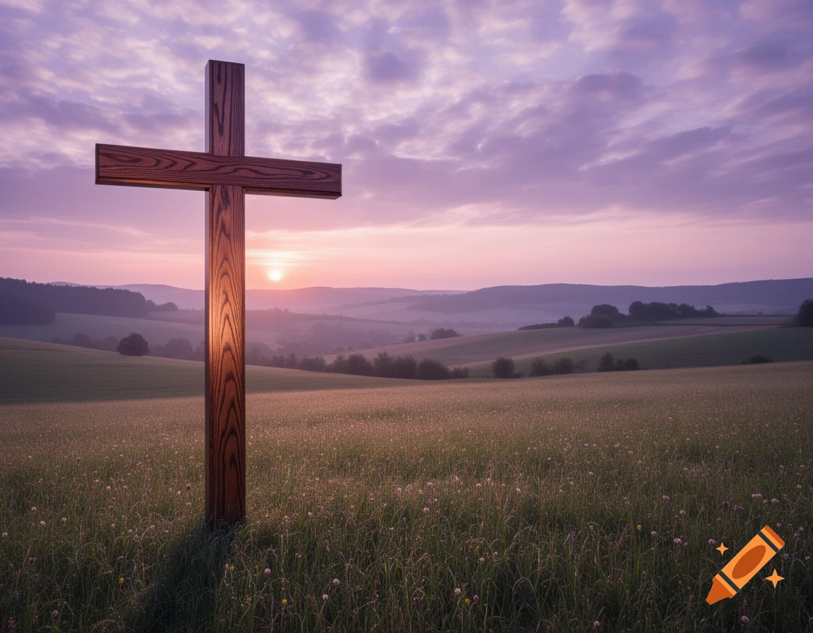 A wooden cross stands in a grassy field with rolling hills in the background under a vibrant purple and pink sunset sky.