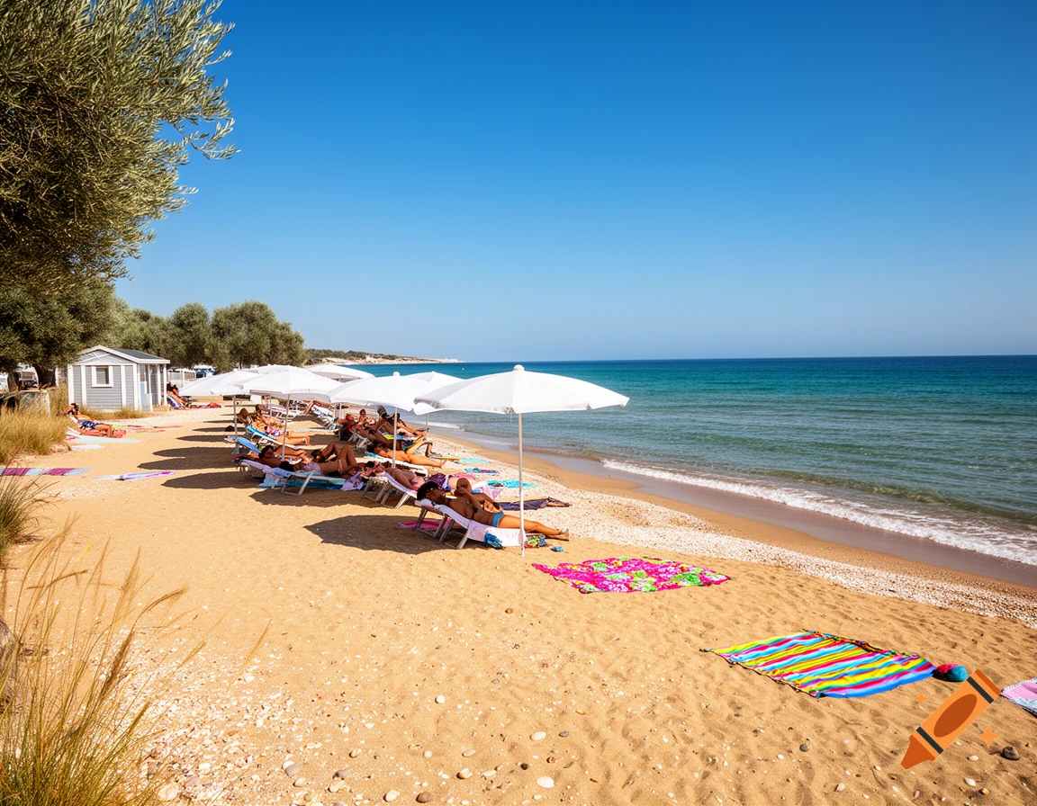 A crowded sandy beach with sunbathers under white umbrellas by a clear blue sea and sky, with trees and a cabin.