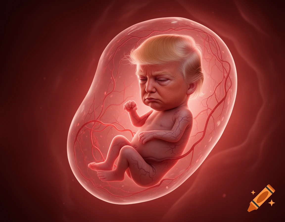 Hyperrealistic medical illustration of a fetus with Donald Trump's features inside a translucent sac with blood vessels.