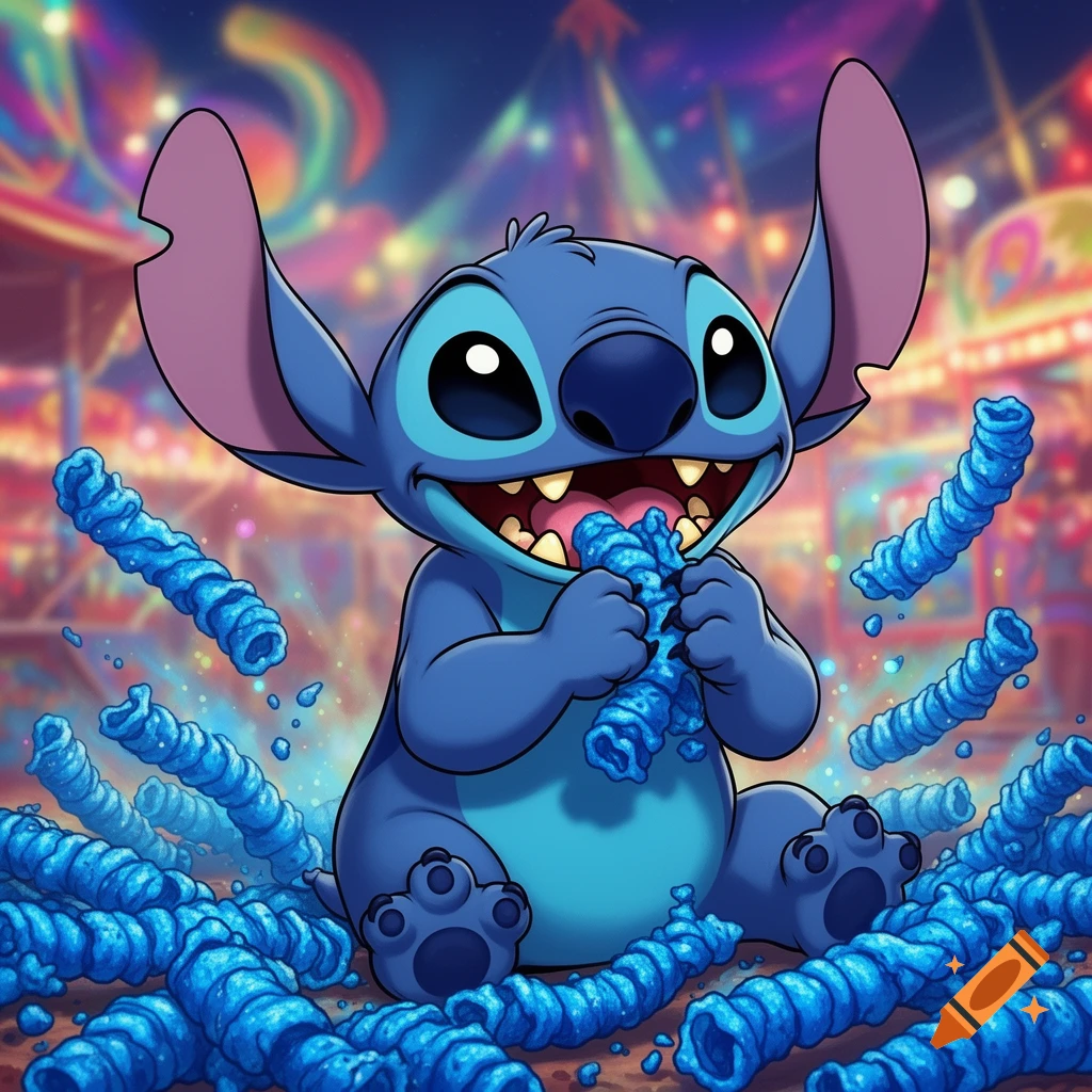 Cartoon Stitch happily devouring a pile of blue twisted snacks at a vibrant carnival.