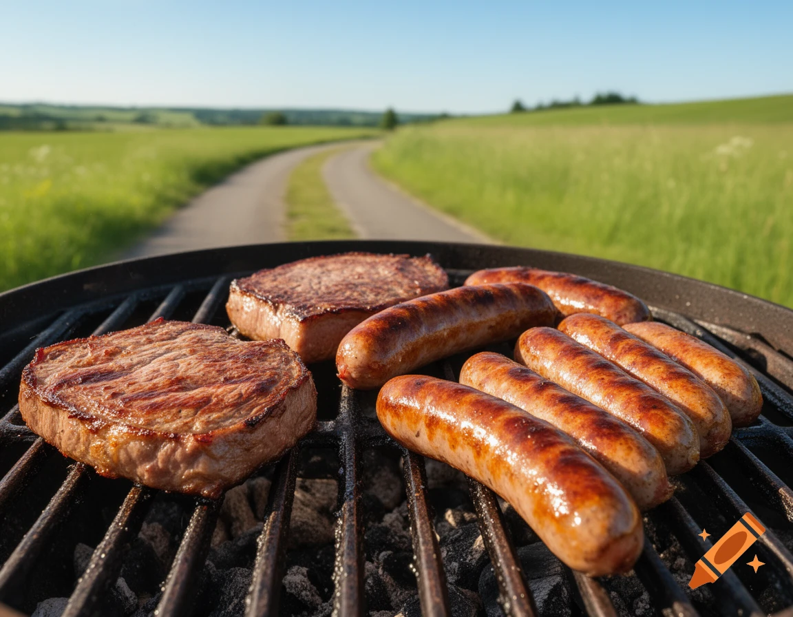 Photorealistic image of steaks and sausages grilling on a barbecue, with a road and green field in the background.