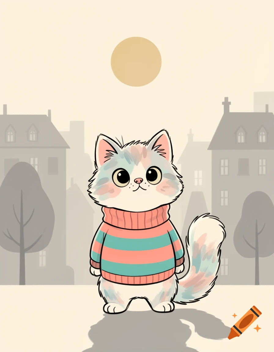 A cute, cartoon cat in a striped sweater stands against a stylized city background under a sun.