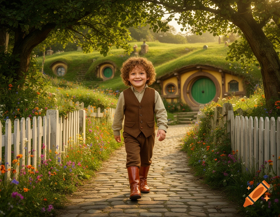 A smiling young boy in a brown vest and red boots walks on a stone path in a lush, flowery village with Hobbit holes.
