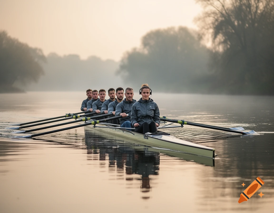 A rowing team with a coxswain rows on a calm, misty river at dawn.