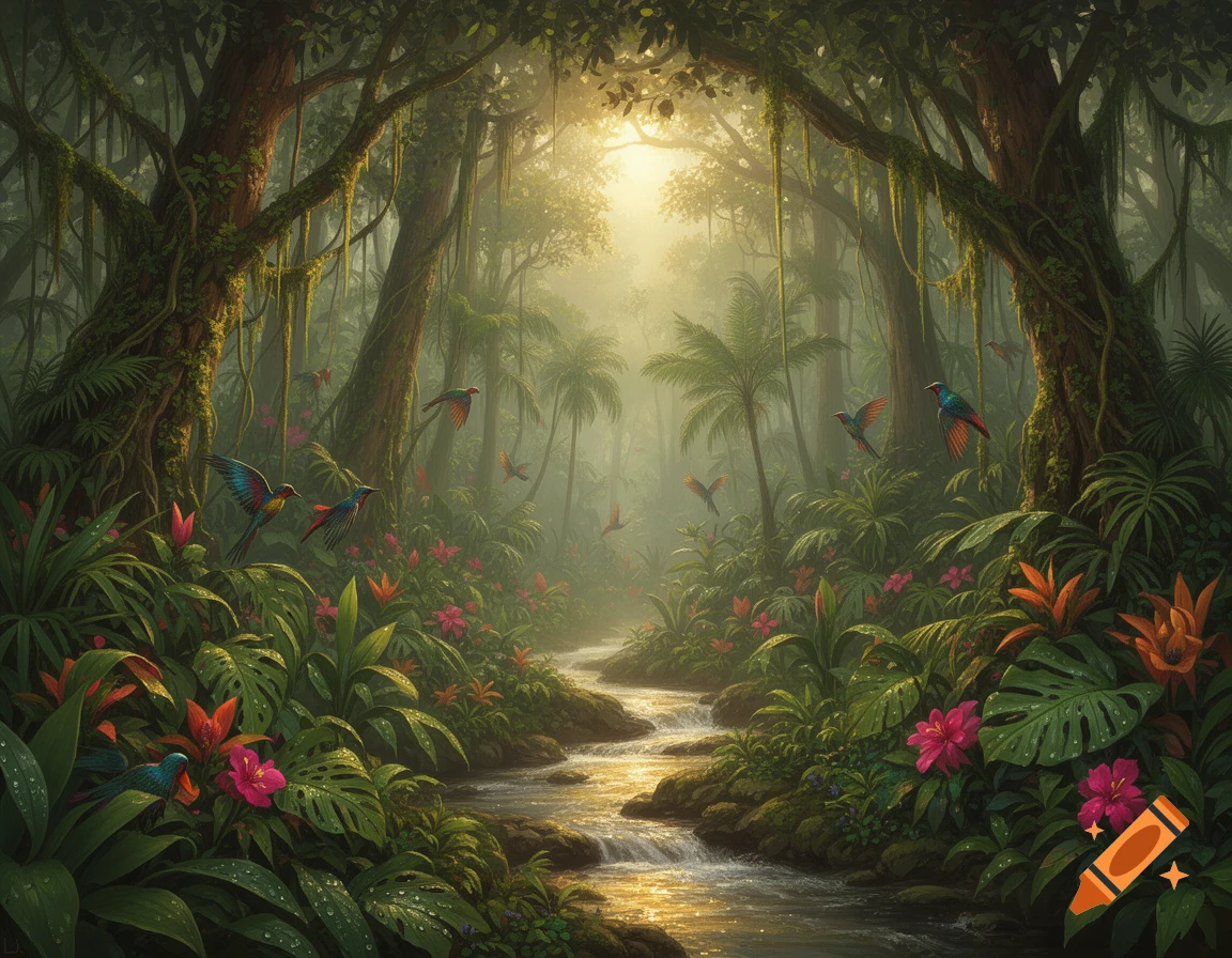 A vibrant jungle scene with a winding river, lush green foliage, exotic flowers, and colorful birds under a misty, sunlit canopy.