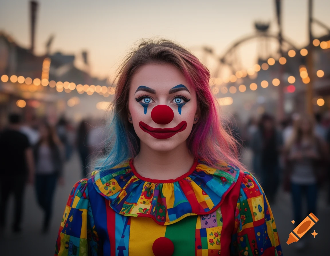A woman dressed as a clown with vibrant makeup and a colorful costume, standing in a blurry carnival setting at dusk.