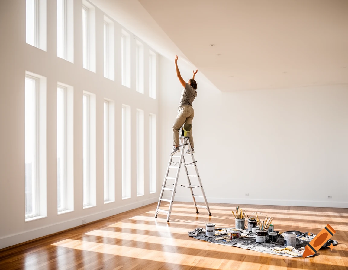 A person on a ladder reaches a high ceiling in a bright room with tall windows, surrounded by painting supplies.