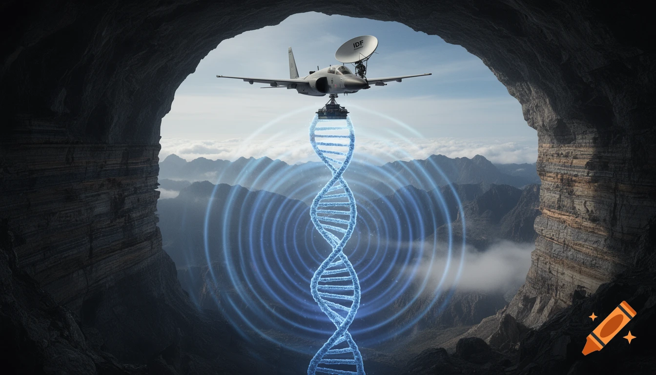 A plane with a satellite dish hovers in a cave opening, emitting blue sound waves towards a glowing DNA double helix, with mountains in the background.