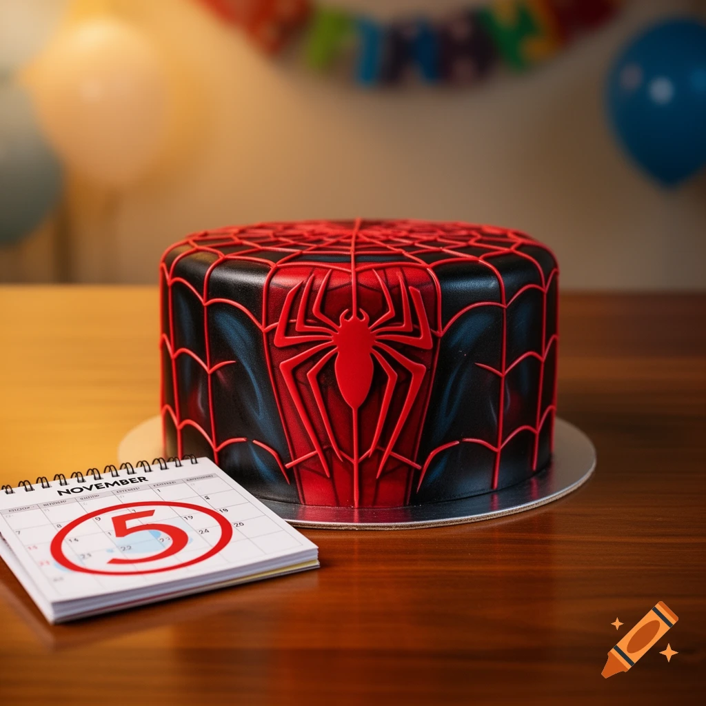 A detailed Miles Morales Spider-Man cake with a red spider emblem and web details, next to a calendar marking November 5th.