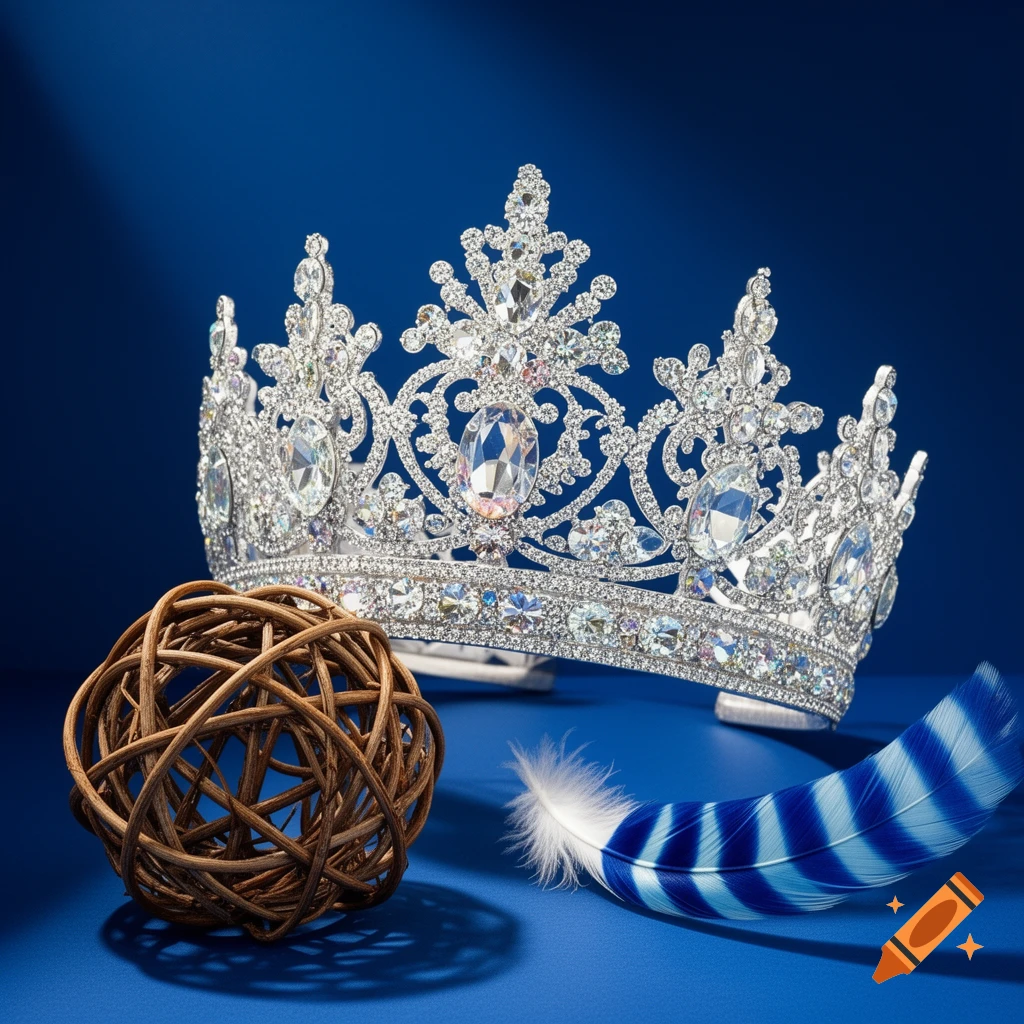 A sparkling silver crown with clear and colorful gemstones, a brown wicker ball, and a blue and white striped feather on a vibrant blue background.