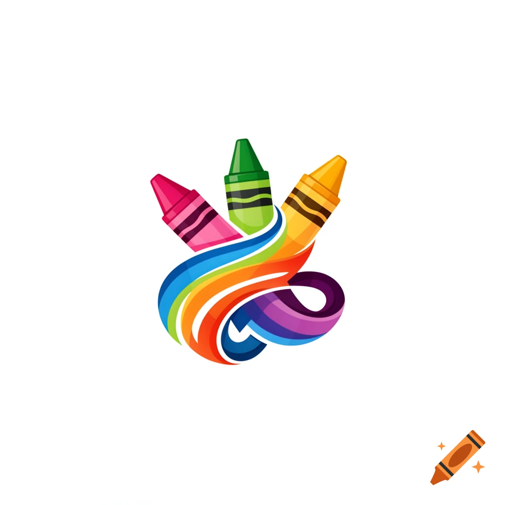 A colorful illustration of three crayons (pink, green, yellow) with a swirling rainbow spectrum.