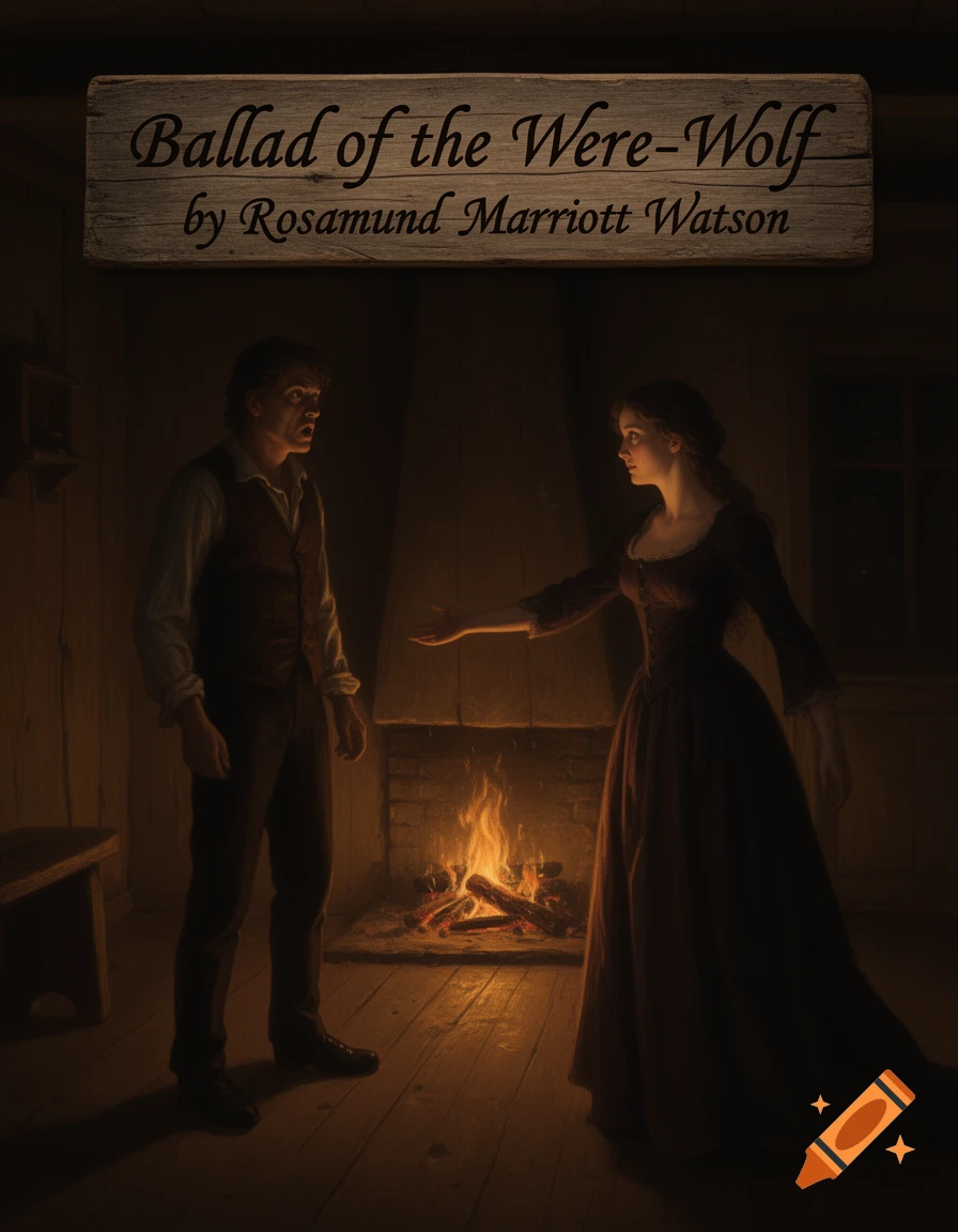 A man and a woman in period clothing stand in a dimly lit room by a fireplace; a wooden sign reads "Ballad of the Were-Wolf." The woman's right hand is missing.